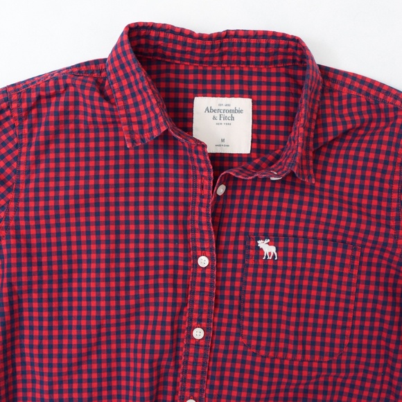 Abercrombie Fitch Women's Long Sleeve Red Navy Gingham Medium - Picture 7 of 10